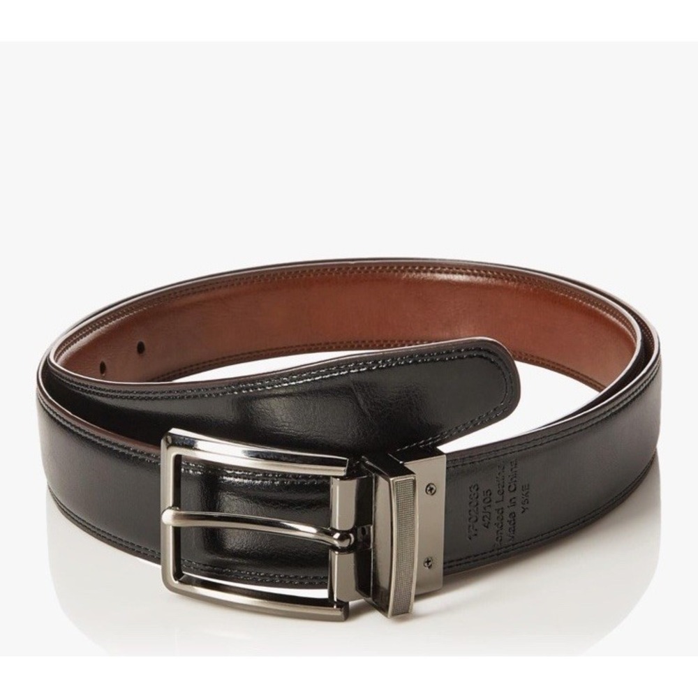 Perry Ellis Mens Reversible Belt Brown Black Leather Silver Buckle Size 34 36 - Picture 3 of 4